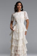 Load image into Gallery viewer, Yedda Resort Flowy Round Neck Short Sleeve Floral Embroidered Woven Maxi Dress