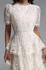 Load image into Gallery viewer, Yedda Resort Flowy Round Neck Short Sleeve Floral Embroidered Woven Maxi Dress