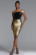 Load image into Gallery viewer, Racy Chic Contour Off Shoulder Metallic Bandage Mini Dress