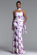 Load image into Gallery viewer, Olivia Romantic Contour Strapless Scarf Ruched Floral Print Mesh Maxi Dress