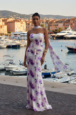 Load image into Gallery viewer, Olivia Romantic Contour Strapless Scarf Ruched Floral Print Mesh Maxi Dress