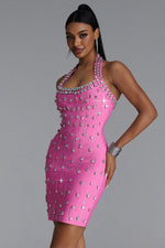 Lade Bild in die Galerieansicht, Manik Glamorous Contour Halter Rhinestone Bandage Pink Mini Dress