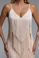 Load image into Gallery viewer, Alex Classic Contour V Neck Layered Fringe Bandage Maxi Dress