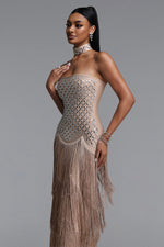 Load image into Gallery viewer, Nikki Elegant Contour Strapless Rhinestone Fringe Midi Dress