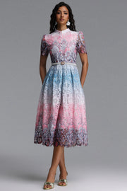 Weiss Resort Cinched Short Sleeve Floral Print Lace Midi Dress