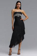Load image into Gallery viewer, Ella Dynamic Contour Strapless Floral Leaf Rhinestone Asymmetric Mesh Bandage Midi Dress