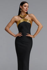Lade Bild in die Galerieansicht, Riza Chic Contour Halter Rhinestone Bandage Gold Maxi Dress