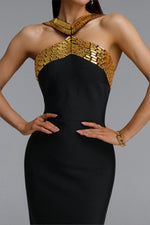 Lade Bild in die Galerieansicht, Riza Chic Contour Halter Rhinestone Bandage Gold Maxi Dress