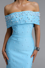 Load image into Gallery viewer, Isme Elegant Contour Off Shoulder Pearl Rhinestone Bandage Blue Maxi Dress