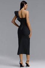 Load image into Gallery viewer, Winnie Minimal Contour One Shoulder Ruffle High Slit Bandage Midi Dress