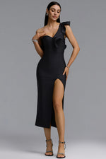 Load image into Gallery viewer, Winnie Minimal Contour One Shoulder Ruffle High Slit Bandage Midi Dress