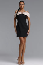 Load image into Gallery viewer, Zore Elegant Tailored Off Shoulder Rhinestone Bow Woven Mini Dress