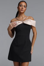 Load image into Gallery viewer, Zore Elegant Tailored Off Shoulder Rhinestone Bow Woven Mini Dress