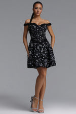 Load image into Gallery viewer, Tafari Romantic Tailored Off Shoulder Floral Woven Mini Dress