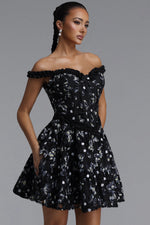 Load image into Gallery viewer, Tafari Romantic Tailored Off Shoulder Floral Woven Mini Dress