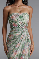 Load image into Gallery viewer, Vinly Romantic Contour Strapless High Slit Ruched Floral Print Mesh Maxi Dress
