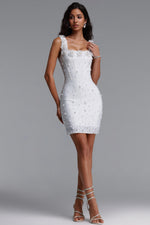 Load image into Gallery viewer, Krome Elegant Fitted Square Neck Floral Pearl Embellished Bandage White Mini Dress