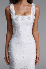 Load image into Gallery viewer, Krome Elegant Fitted Square Neck Floral Pearl Embellished Bandage White Mini Dress