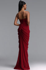 Charger l'image dans la visionneuse de la Galerie, Tazeda Elegant Contour Strapless Ruched Mesh Red Maxi Dress