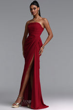 Charger l'image dans la visionneuse de la Galerie, Tazeda Elegant Contour Strapless Ruched Mesh Red Maxi Dress
