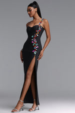 Lade Bild in die Galerieansicht, Gacia Elegant Fitted One Shoulder Color Rhinestone Slit Maxi Bandage Dress