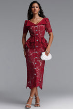 Load image into Gallery viewer, Quinn Elegant Cinched Short Sleeve Floral Lace Red Maxi Dress