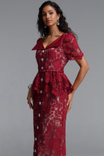 Load image into Gallery viewer, Quinn Elegant Cinched Short Sleeve Floral Lace Red Maxi Dress
