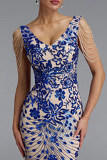 Charger l'image dans la visionneuse de la Galerie, Zaha Classic V Neck Tassel Beaded Shoulder Sequin Mermaid Maxi Dress