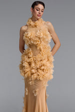 Load image into Gallery viewer, Rayna Elegant Contour High Neck Floral Mesh Beige Maxi Dress