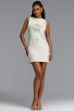 Load image into Gallery viewer, Habiba Chic Round Neck Sleeveless Gold Studded Geometric Pattern Tweed Beige Mini Dress
