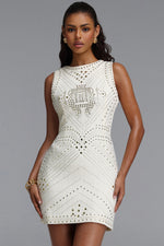 Load image into Gallery viewer, Habiba Chic Round Neck Sleeveless Gold Studded Geometric Pattern Tweed Beige Mini Dress