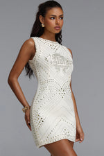 Load image into Gallery viewer, Habiba Chic Round Neck Sleeveless Gold Studded Geometric Pattern Tweed Beige Mini Dress