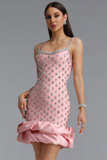 Charger l'image dans la visionneuse de la Galerie, Francina Exquisite Contour Camisole Rhinestone Ruffle Pink Bandage Mini Dress