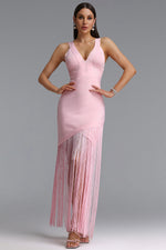 Load image into Gallery viewer, Emma Chic Contour V Neck Sleeveless Fringe Pink Bandage Maxi Dress