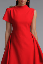 Load image into Gallery viewer, Weren Elegant Contour High Neck Asymmetric Red Maxi Dress