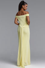 Load image into Gallery viewer, Slaia Minimalist Off Shoulder Diagonal Ruched Knit Yellow Maxi Dress