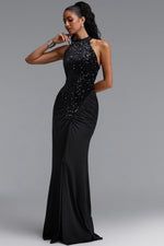 Load image into Gallery viewer, Octavia Elegant Contour Sleeveless Slit Sequin Woven Black Maxi Dress