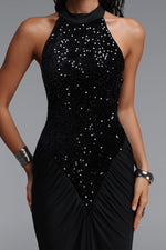 Load image into Gallery viewer, Octavia Elegant Contour Sleeveless Slit Sequin Woven Black Maxi Dress