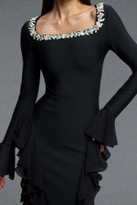 Load image into Gallery viewer, Mavis Elegant Luxurious Square Neck Long Sleeve Rhinestone Embellished Ruffle Bandage Maxi Dress