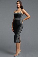 Load image into Gallery viewer, Lestie Minimalist Contour Straight Neck Silver Trim Woven Bandage Midi Dress