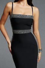 Load image into Gallery viewer, Lestie Minimalist Contour Straight Neck Silver Trim Woven Bandage Midi Dress