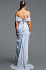 Lade Bild in die Galerieansicht, Tazeda Elegant Contour Off Shoulder Ruched Slit Mesh Maxi Dress