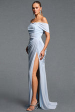 Lade Bild in die Galerieansicht, Tazeda Elegant Contour Off Shoulder Ruched Slit Mesh Maxi Dress