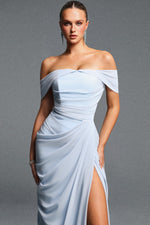 Lade Bild in die Galerieansicht, Tazeda Elegant Contour Off Shoulder Ruched Slit Mesh Maxi Dress