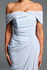 Lade Bild in die Galerieansicht, Tazeda Elegant Contour Off Shoulder Ruched Slit Mesh Maxi Dress
