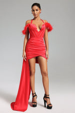 Load image into Gallery viewer, Lala Halterneck Feather Satin Mini Dress - Red