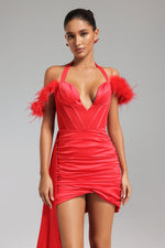 Load image into Gallery viewer, Lala Halterneck Feather Satin Mini Dress - Red