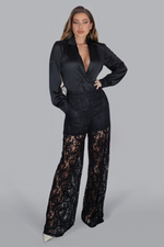 Load image into Gallery viewer, Midnight Noir Opulence – Black Satin Suit with Low-Cut Shirt & Lace Trousers