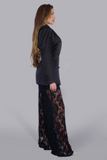 Load image into Gallery viewer, Midnight Noir Opulence – Black Satin Suit with Low-Cut Shirt & Lace Trousers
