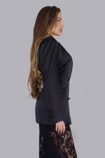 Load image into Gallery viewer, Midnight Noir Opulence – Black Satin Suit with Low-Cut Shirt & Lace Trousers